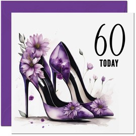 60th Birthday Card for women - Purple Heels Flowers Classy Elegant Birthday Card for 60 Year old Woman Mum Aunt Ladies Friend Sister Grandma Sixty Sixtieth Niece Nanny