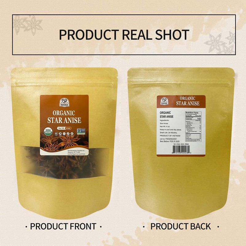 52USA Organic Star Anise - 4oz | Non-GMO, Whole Spice