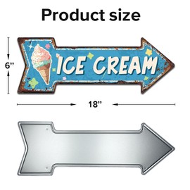 Ice Cream Embossed Metal Sign - Vintage Diner Ice Cream Sign for Kitchen or Man Cave, Arrow Tin Sign 6 x 18 Inch