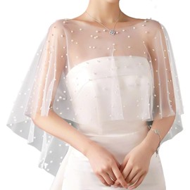NICENEEDED Wedding Bridal Shawl, White Faux Pearl Cloaks, Soft Tulle Capelet Beaded Cover Up, Evening Dress Shawl Prom Party Accessories for Women