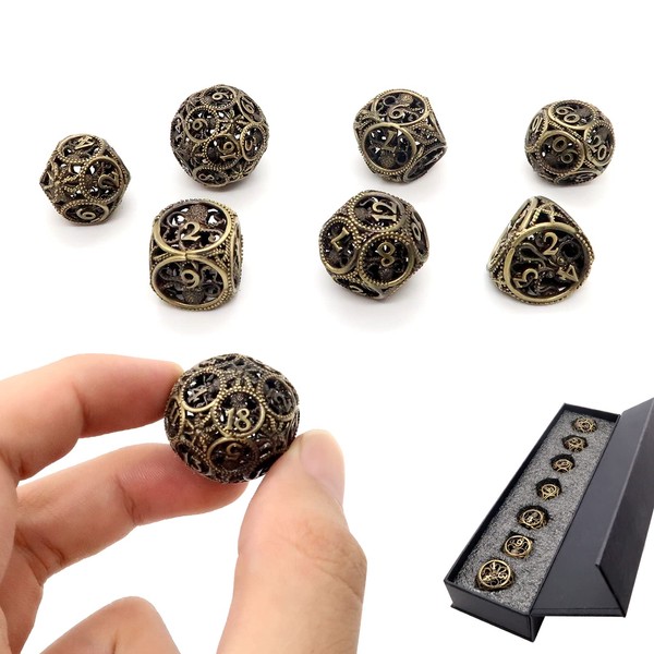 DND Dice,Hollow D&D Metal Dice,Unique Round Ball Design Octopus Dice with Gift Box for Dungeons & Dragon Gaming,7 PCs Steampunk Polyhedral D and D Dice Set D20 D12 D10 D8 D6 D4 D% for RPG,MTG,Bronze