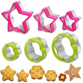 6 cortadores de galletas de acero inoxidable con asa, AIFUDA con patrón de estrella y flores, mini molde para presionar galletas, pan, pasteles, sushi, sándwich, fruta (verde, rosa)