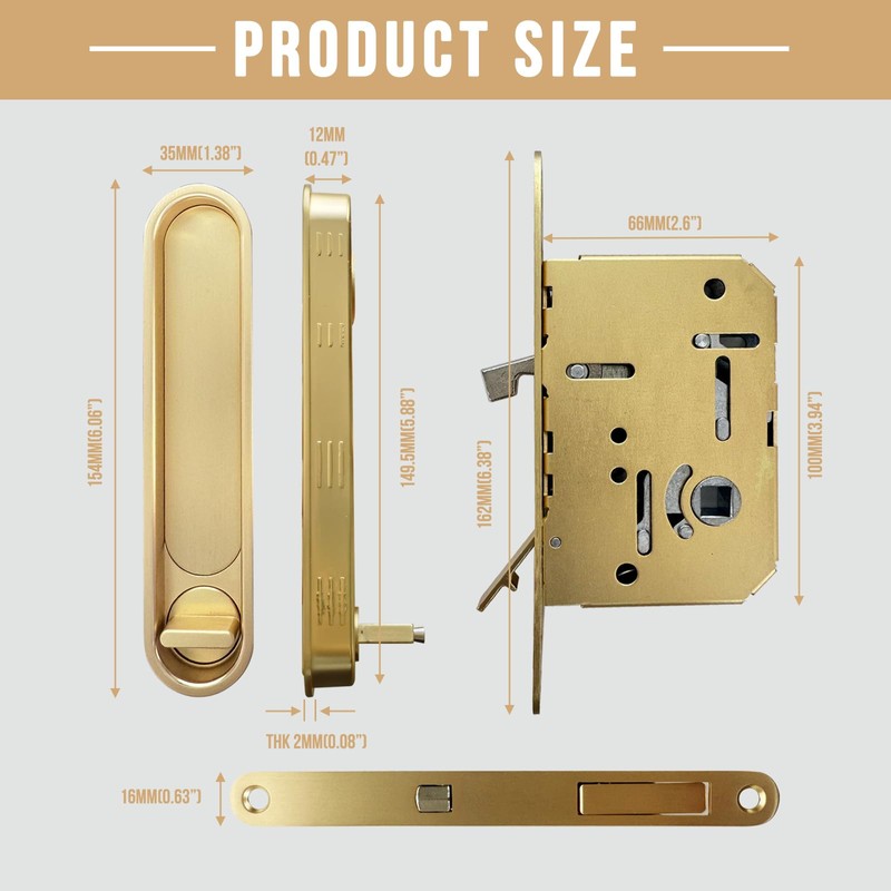 Pocket Door Hardware Gold，Privacy Pocket Door Lock with Pull, Sliding