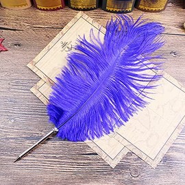 Ostrich Feather Ballpoint Pen, Black Ink Writing Quill Pen for Wedding Gift Office School Supplies Signature Pen Birthday Party Gift (Blue)