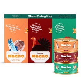 Made by Nacho Premium Minced Wet Canned Cat Food with Hydrating Bone Broth 5.5oz (12 Packs) (Variety Pack (Turkey & Turkey Liver, Chicken & Herring, and Salmon & Sole))