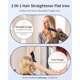 Hoson Cordless Hair Straightener,Portable Mini Flat Iron Travel for Bangs,Short Hair,USB-C Rechargeable Wireless Curling Iron and Curler 2 in 1,Blue,for Touch Ups
