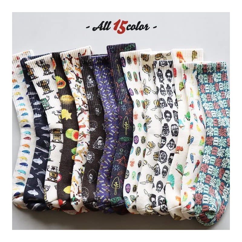 Gymmaster Socks, Thick, Middle Length, Happy Paint, Total Pattern, Non-Slip,