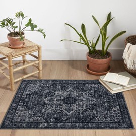 Siiloom 2x3 Black White Navy Washable Rug for Entryway, Soft Traditional Printed Area Rug, Non-Slip Kitchen Rugs, Low-Pile Medallion Indoor Door Mat, Small Farmhouse Carpet for Entrance Foyer Bedside