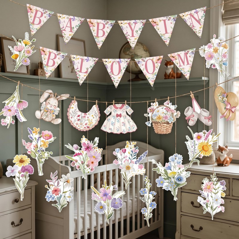 Baby in Bloom Floral Banner Set, Pink Flower Baby Shower
