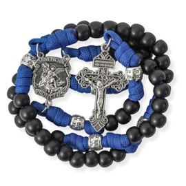 Nazareth Store Black Beads Blue Paracord Rosary Rugged Beaded Necklace Strong Cord St.Michael Medal Pardon Cross