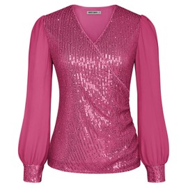 GRACE KARIN Women's Sequin Blouse Chiffon Long Sleeve Wrap Blouse V-Neck Glitter Party Tops Festive Cocktail Tops, rose red