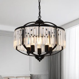 20 "Crystal Chandeliers for Dining Room 5 Lights Black Luxury Round Modern Crystal Drum Chandelier Farmhouse Vintage Adjustable Hanging Pendant Light Fixture for Bedroom,Living Room,Foyer, Hallway
