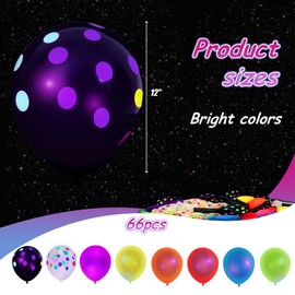 LovesTown 66PCS Glow Balloons Assorted, UV Neon Party Latex Balloons 12" Fluorescent Balloons Glow in the Dark Balloons with Dots for Birthday Wedding Glow Party Supplies
