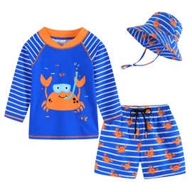 Toddlers and Baby Boys' 3-Piece Swimsuit Trunk Rashguard Set and Sun Hat Swimwear Bathing Suit Sunsuit Swim Shirt UPF 50+ Blue Striped Crab 6-9 Months