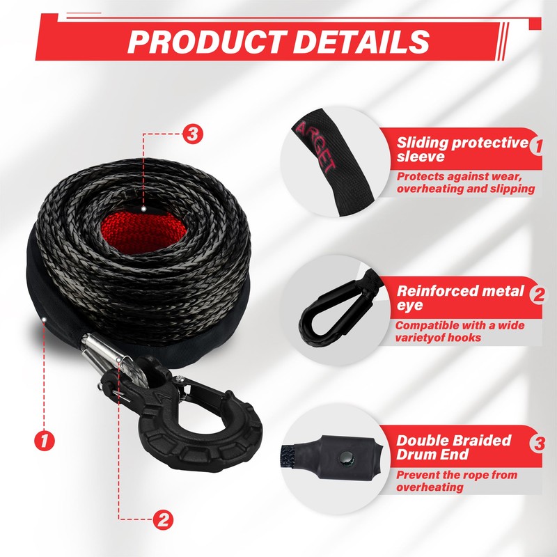 TYT Synthetic Winch Rope Kit - 3/8" x 92' with