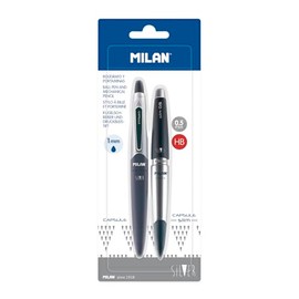 Milan Empaque 1 Pluma Tinta Azul+ 1 Lápicero Capsule Negro S- Silver