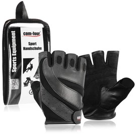 Wilhelm Sell® Leather Fitness Sports Gloves - for Strength Training and Bodybuilding - Extra Wide Wrist Wrap - Handy Storage Bag (1 Pair - Size L Black V2)