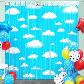 Cartoon Toy Inspired Story Birthday Party Decoration, Including 2Pack Blue Sky White Cloud Streamers, 27pcs Toy Themed Balloons & 1pcs Toy Birthday Banner for Cartoon Toy Party Photo Backdrop Supplies