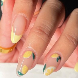 Pack of 24 Almond False Nails Medium, Nude Yellow French Artificial Nails for Sticking Acrylic Full Cover Artificial Fingernails with Lemon Pattern, Almond Press on Nails for Women and Girls