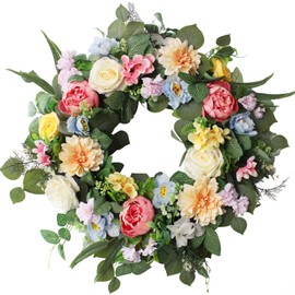 24 Inch Spring Summer Flower Wreaths for Front Door, Spring Door Wreaths,Floral Hydrangea Peony Wreath,Artificial Eucalyptus Green Leaves Farmhouse Wreaths for Outside Window Home Decor (Multicolor)