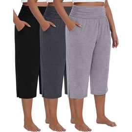 Neer 3 Pack Women's Plus Size Cotton Capri Pants High Waisted Wide Leg Loose Lounge Yoga Cropped Sweatpants with Pockets(Black,Light Mixed Gray,Dark Mixed Gray,3XL)
