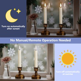Vtobay Sensor Dusk to Dawn 6pcs LED 0.78" x6.4" Short Ivory Battery Operated Window Candles with Antique Bronze Candlesticks, Plastic Flameless Taper Fake Warm Light Flickering for Festival Decor