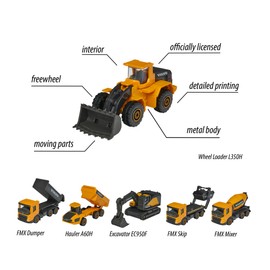 Majorette Volvo Construction Site Vehicles - Excavator, Dump Truck, Wheel Loader, Concrete Mixer, Articulated Handlebar, Truck with Container, Delivery 1 Piece, Random Model, Metal Toy Cars