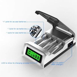 YOMYM Cargador de batería Inteligente Universal de 4 Ranuras con Pantalla LCD para Pilas Recargables de Ni-CD Ni-MH AA/AAA