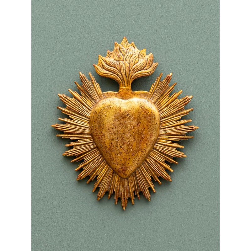 Ex-voto Golden Heart with Flame and Engravings Dimensions 23 x