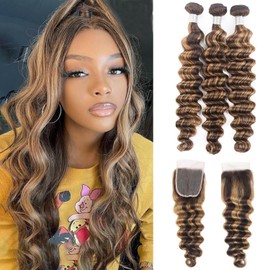 Ombre Highlight Bundles Human Hair With Closure Loose Deep Wave Bundles 20 22 24+20inch 4x4 HD Lace Closure With Ombre Brown Blonde Bundles With Closure Human Hair