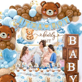 We Can Bearly Wait Baby Shower Decorations -Teddy Bear Boho Balloons Banner Boxes Cupcake Topper, We Can Bearly Wait Sign Backdrop Tablecloth, Boy Baby Shower Decorations Gender Reveal Party Decor