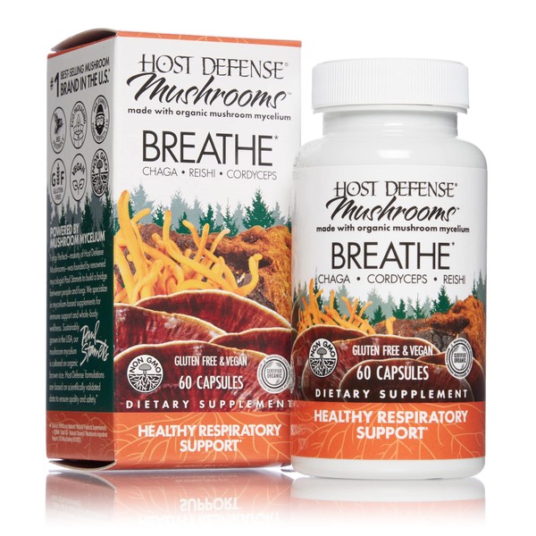 Host Defense, Breathe Capsules, Respiratory Support, Mushroom Supplement with Cordyceps, Reishi and Chaga, Unflavored, 60