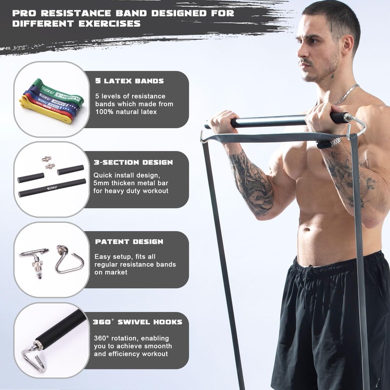 GEKU FIT Resistance Band Bar, Length-Adjustable Detachable Heavy Duty Workout