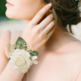 Jiyohai White Rose Wrist Corsage and Boutonniere Set Artificial Flower Bridesmaid Corsage Wristlet Band Bracelet and Men Boutonniere for Wedding Ceremony Homecoming Party Prom Suit Decoration