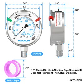 MEANLIN MEASURE 0~5000Psi Liquid Filled Pressure Gauge Stainless Steel 2.5" FACE DIAL 1/4" NPT 316 Stainless Steel Joint for WOG Water Oil Air Lower Mount, with 2PCS Snaps