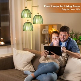 QIYIZM Gold Floor Lamp for Living Room,Bedroom,Mid Century Modern Standing Lamp Brass Tree 3 Light Tall Floor Lamps Vintage Retro Floor Lights Glass Green Flower Lamp Shade Farmhouse Boho Bohemian