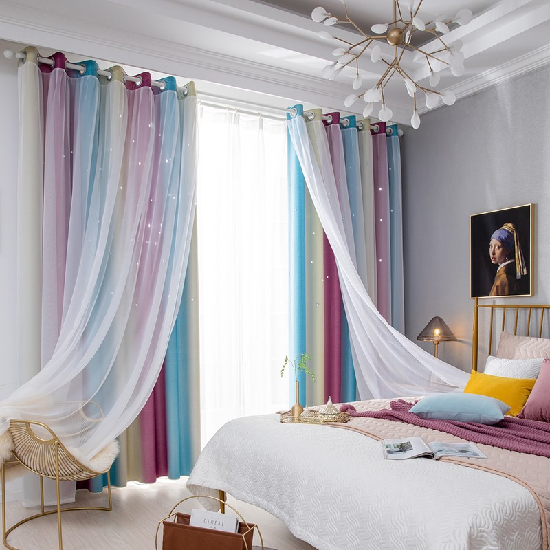 1pc Curtain Simple Gradient Hollow-out Star Pattern Double Layer Blackout