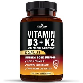 Vitamin D3 5,000 IU + K2 MK-7 100 mcg - 2-in-1 Bone, Immune & Heart Support, Easy to Swallow, Non-GMO - 180 Capsules