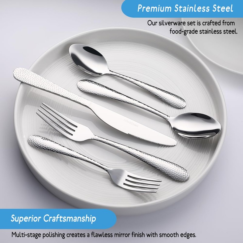 HOMECHEN 20-Piece Hammered Stainless Steel Flatware Set - Food-Grade Silverware