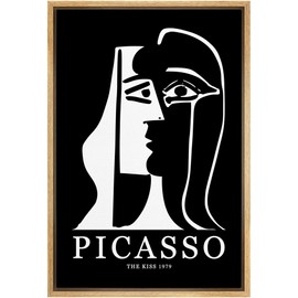 MUDECOR Framed Canvas Print Wall Art Picasso Black & White Geometric Kiss Portrait Shapes Abstract Illustrations Modern Art Minimal Dramatic Dark for Living Room, Bedroom, Office - 24"x36" Natural