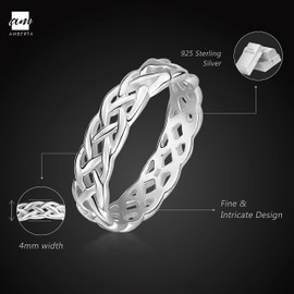 Amberta Women's Sterling Silver Celtic Knot Design Spiral Braided Ring, Silver