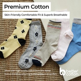 Women Daily Wear Cute Crew Socks Casual Aesthetic Cotton Socks for Women Girls 5 Pairs (US, Numeric, 5, 9, Regular, Regular, Cozy Garden)