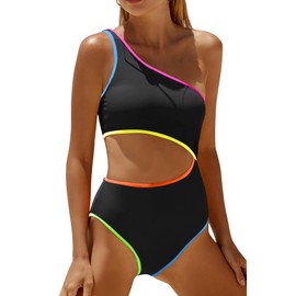 Traje de baño de una pieza para mujer, traje de baño con un hombro recortado, control de abdomen, colorblock negro, M