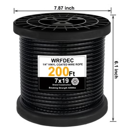 WRFDEC 200Ft 1/4" Black Vinyl Coated Wire Rope,7x19 Strand Aircraft Cable Wire for Cable Railing, Decking Stair Railing Balustrade DIY, Fencing,String Lignts Hanging,3/16" Thru 1/4"