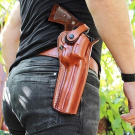 Leather Paddle OWB Revolver Holster with Retention Strap Fits S&W N-Frame Model 629 Classic Full Underlug Barrel 44 Magnum 6.5” Barrel, Right Hand Draw Brown Color #1440#