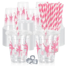 Whaline 50Pcs Ballerina Plastic Cups with Lids Straws Pink Bow Ballet Dance Clear Plastic Cups 12oz Disposable Cup for Birthday Baby Shower Party Favors Supplies