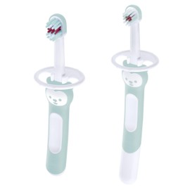 MAM Set di spazzolini da denti per l'apprendimento per bambini, spazzola extra lunga per la pulizia con i genitori e spazzola corta per la pulizia indipendente, con protezione di sicurezza, blu