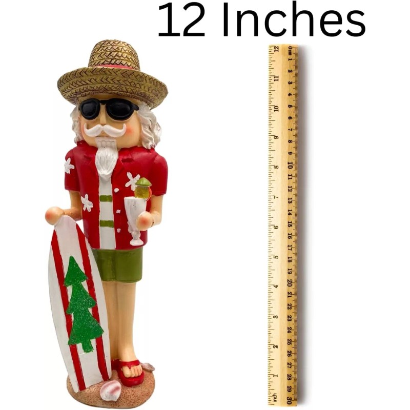 Wooden Surfboard Santa Nutcracker, Tropical Beachy Themed Christmas, Set of