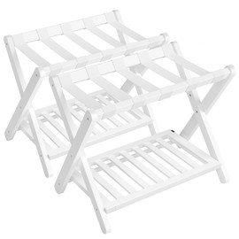 SONGMICS Solid Wood Luggage Racks, Set of 2, No Assembly Required, Foldable Suitcase Stand, Luggage Holder, with Storage Shelf, for Guest Room, Hotel, Bedroom, Cloud White URLR021W01