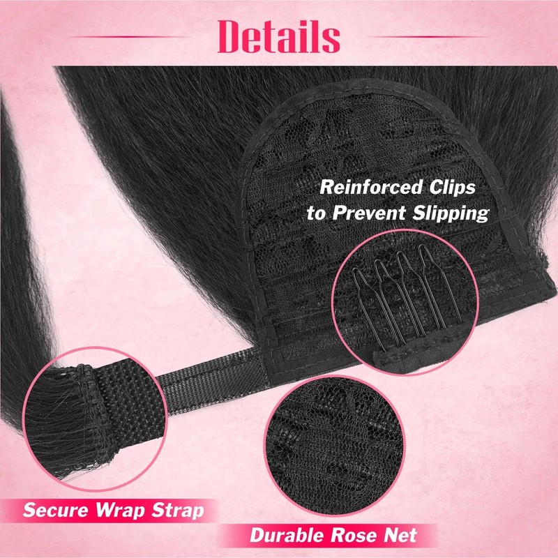 Yaki Straight Ponytail Extension for Black Women,16 Inch Synthetic Wrap-Around
